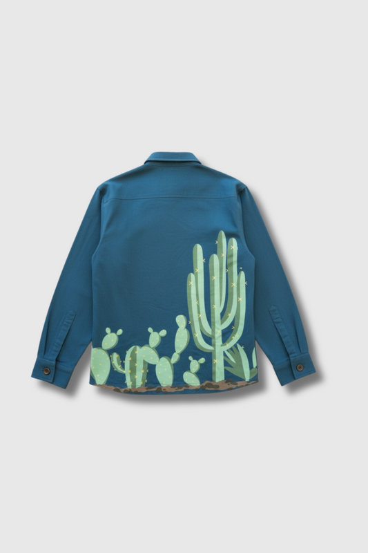 Aqua Blue Twill cactus Printed Shacket
