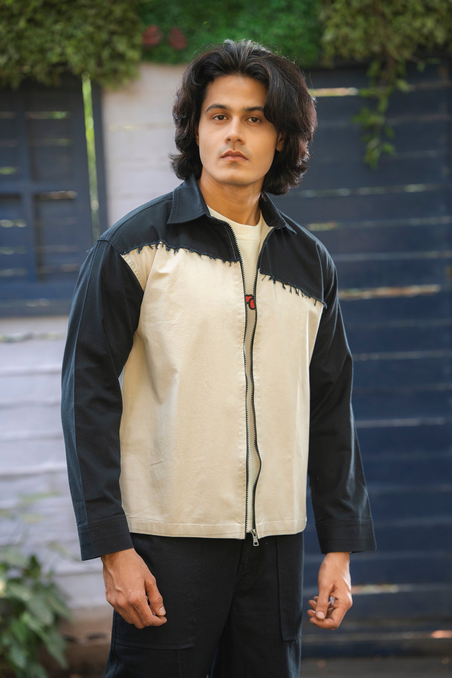 White & Black Twill Zipper Shacket