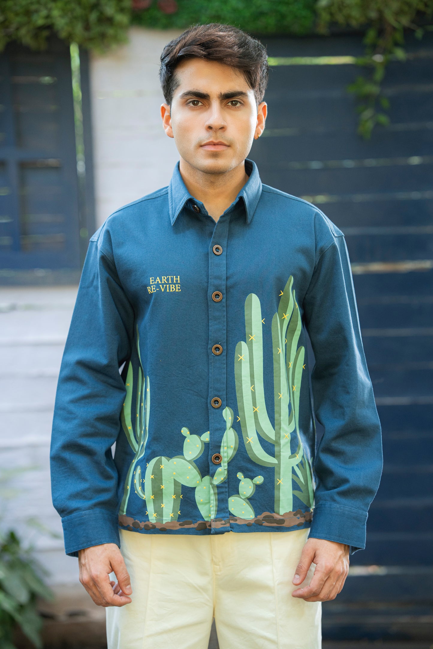 Aqua Blue Twill cactus Printed Shacket