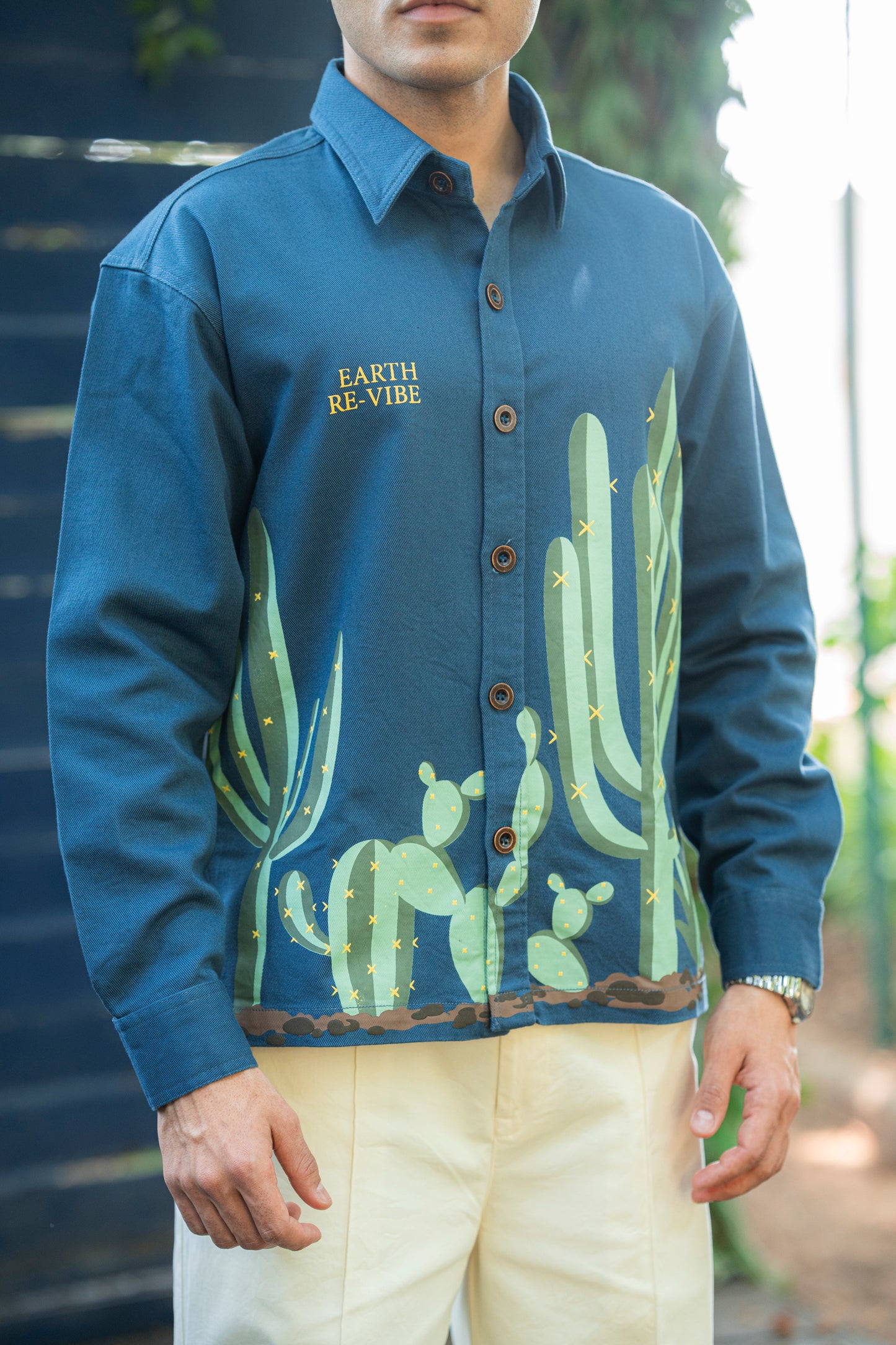 Aqua Blue Twill cactus Printed Shacket