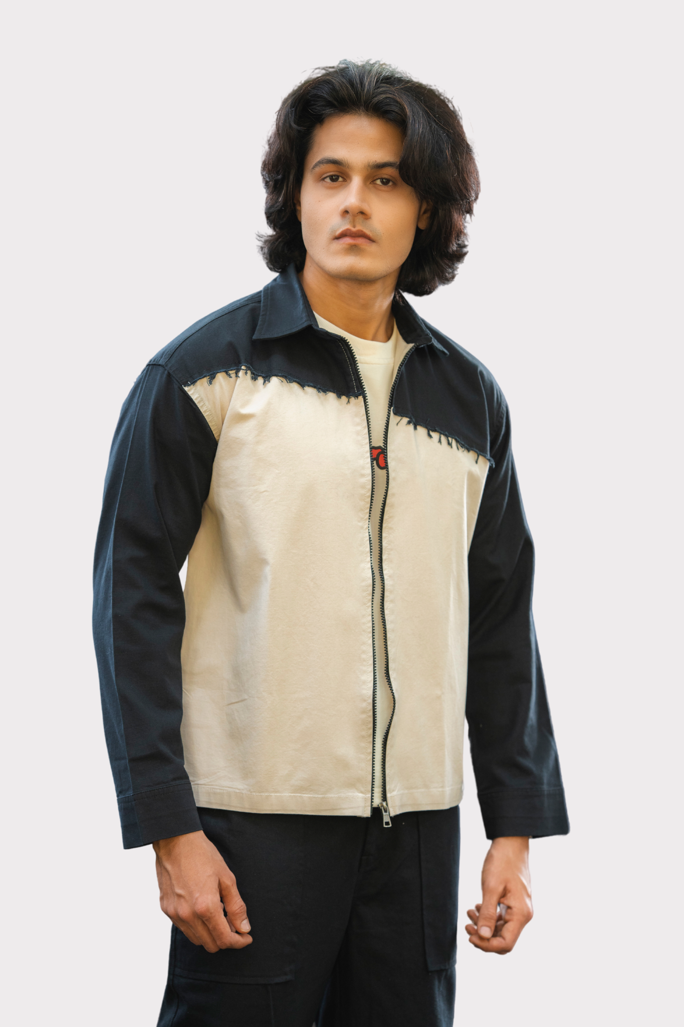 White & Black Twill Zipper Shacket