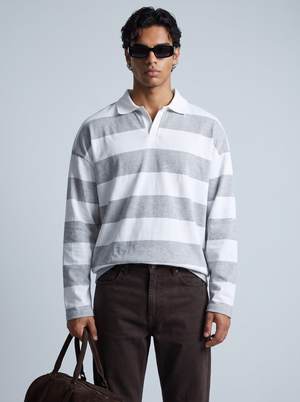 Grey Block-Stripe Rugby Polo
