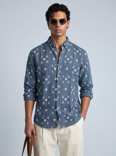 Blue Floral Patchwork Shirt