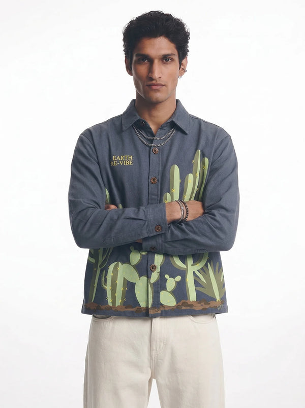 Aqua Blue Twill cactus Printed Shacket