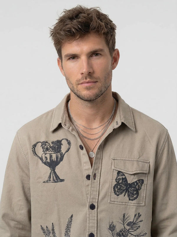 Khakhi Shadow Twill Block print shacket