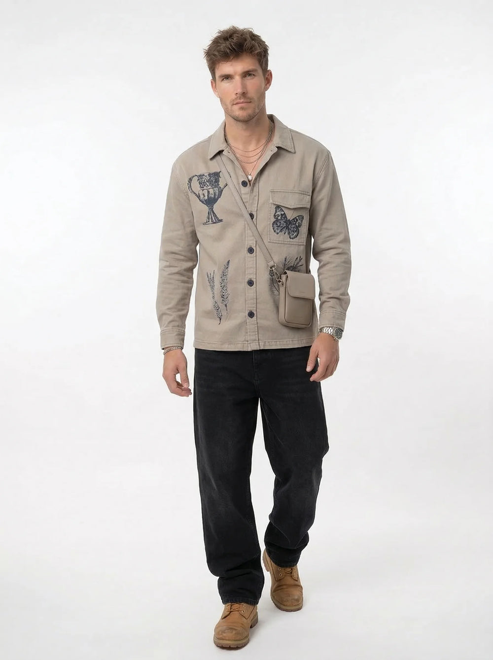 Khakhi Shadow Twill Block print shacket