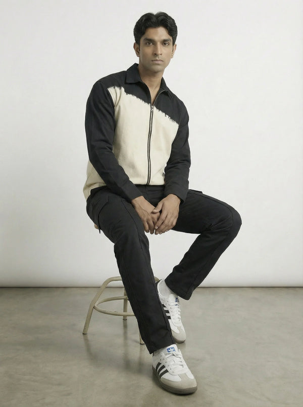 White & Black Twill Zipper Shacket