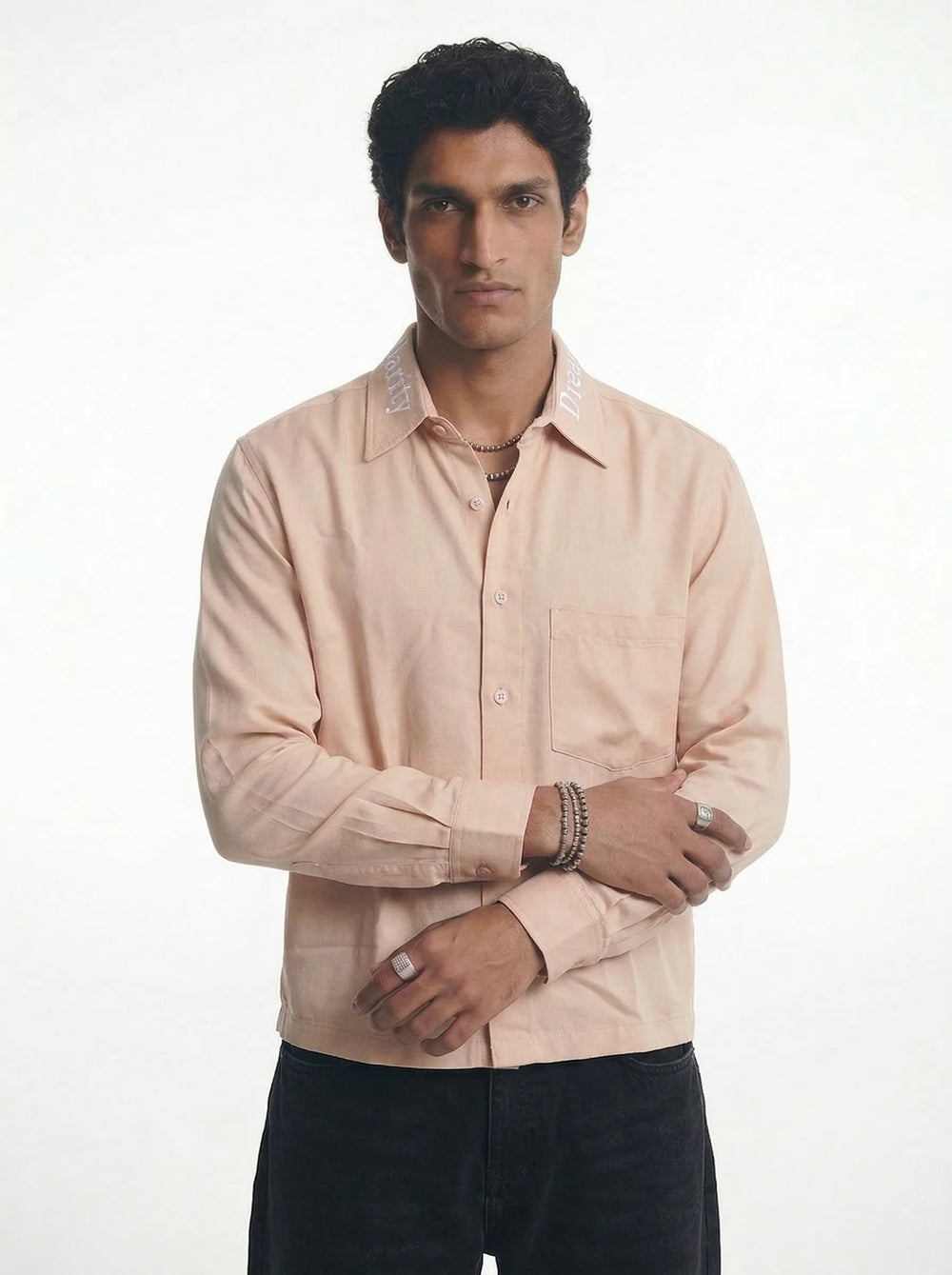 Skin-Conscious Embroidered Collar Boxy Shirt
