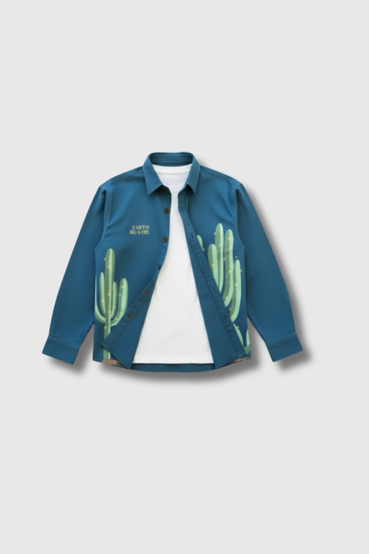 Aqua Blue Twill cactus Printed Shacket