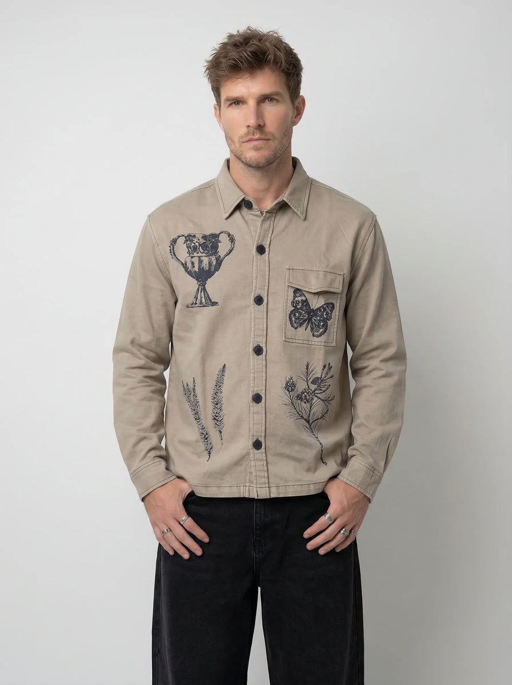 Khakhi Shadow Twill Block print shacket
