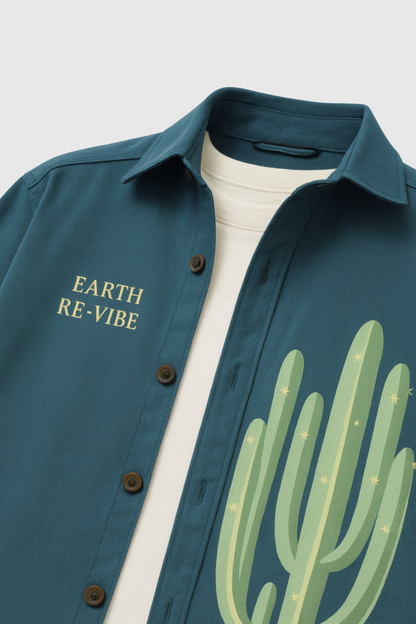 Aqua Blue Twill cactus Printed Shacket