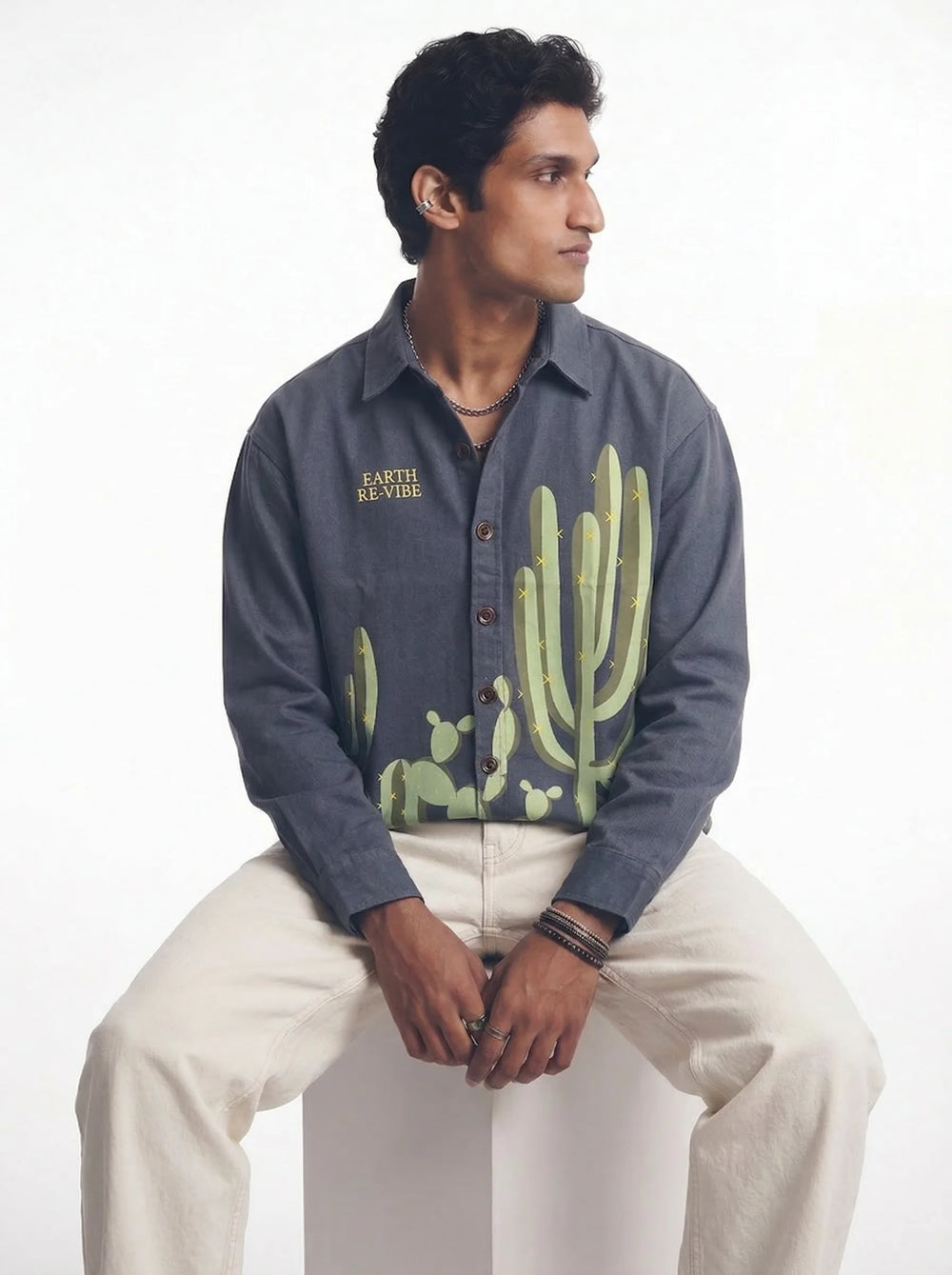 Aqua Blue Twill cactus Printed Shacket