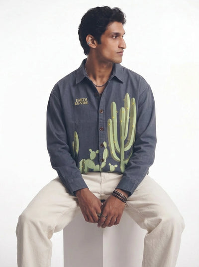 Aqua Blue Twill cactus Printed Shacket