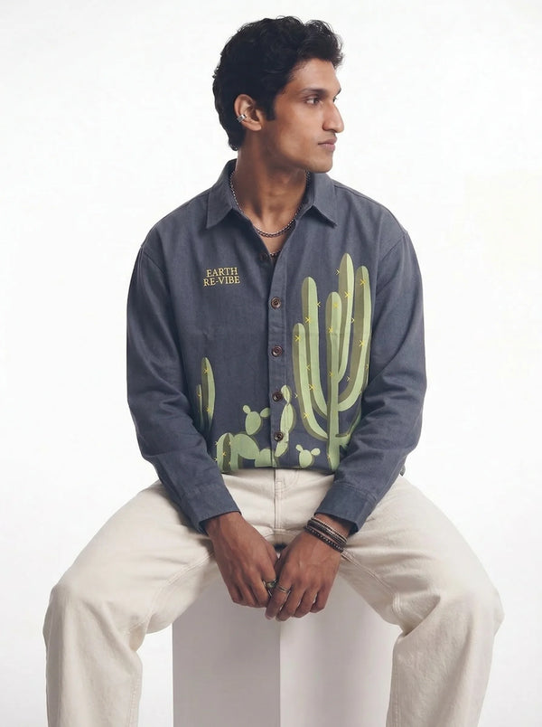 Aqua Blue Twill cactus Printed Shacket