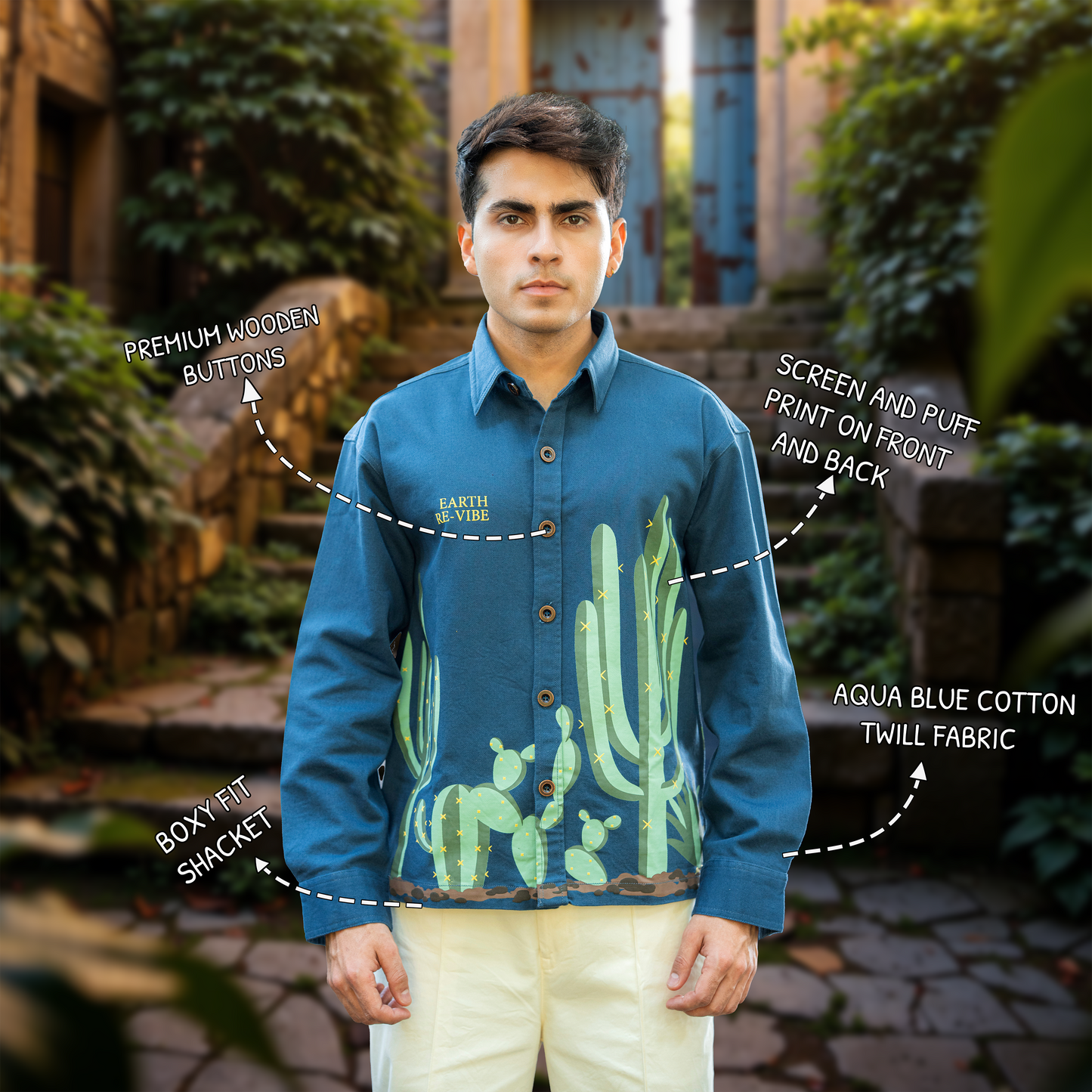 Aqua Blue Twill cactus Printed Shacket
