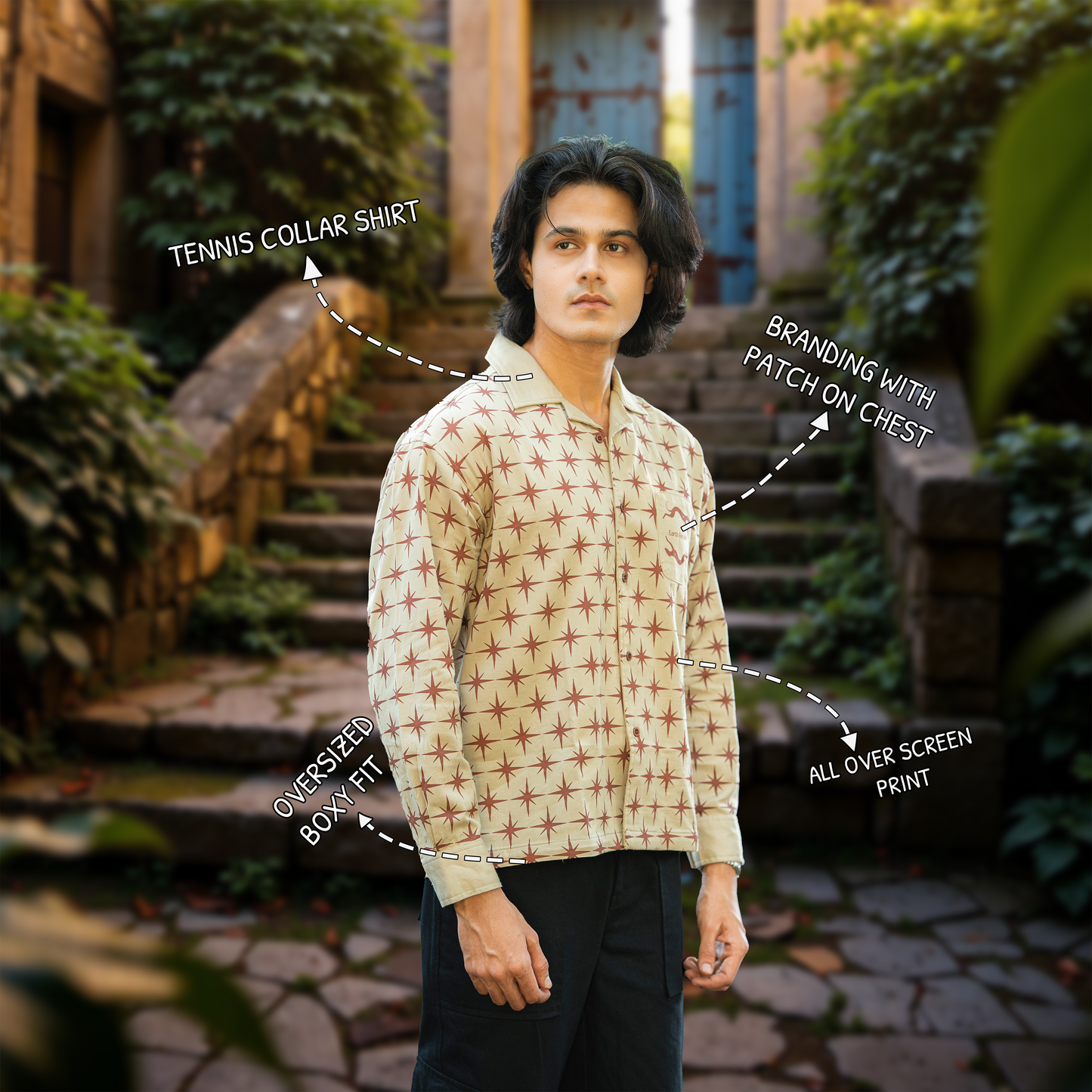 Cream Twill All-Over star Print boxy Shirt