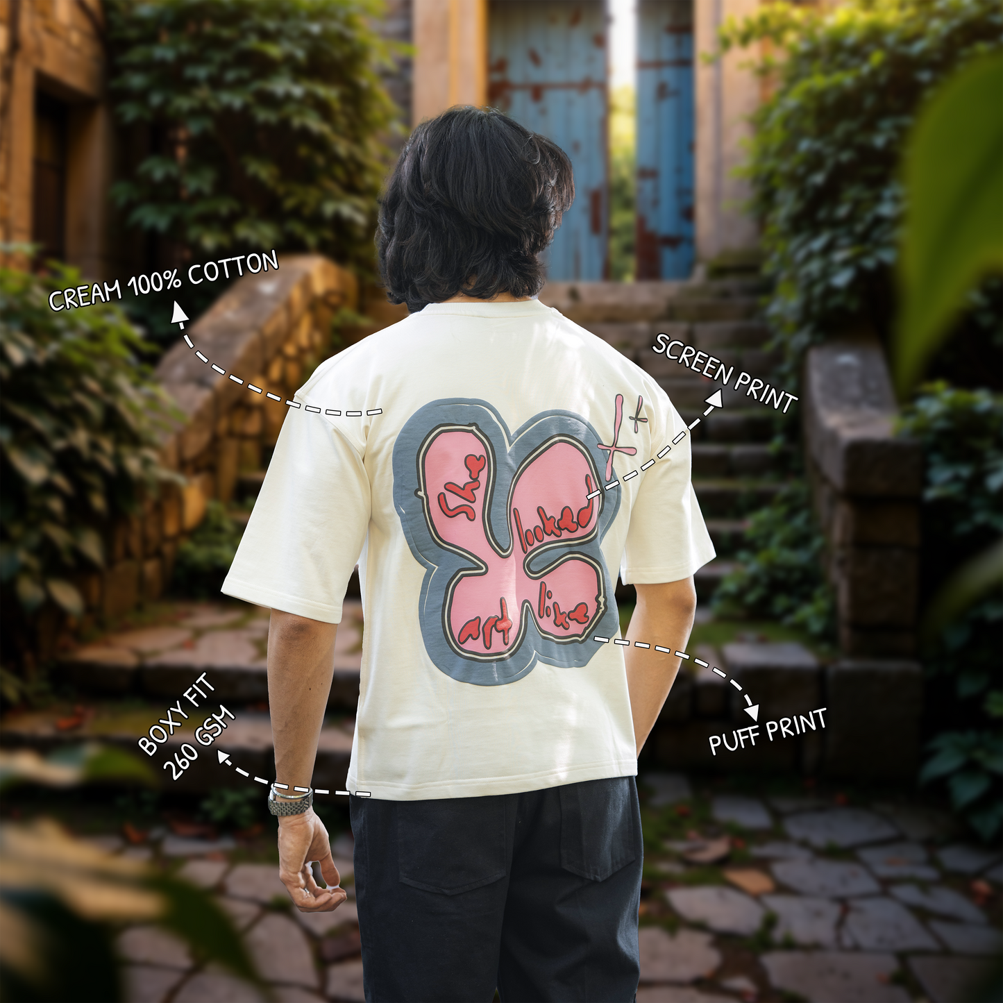 Cream Cotton Puff print Boxy Tee