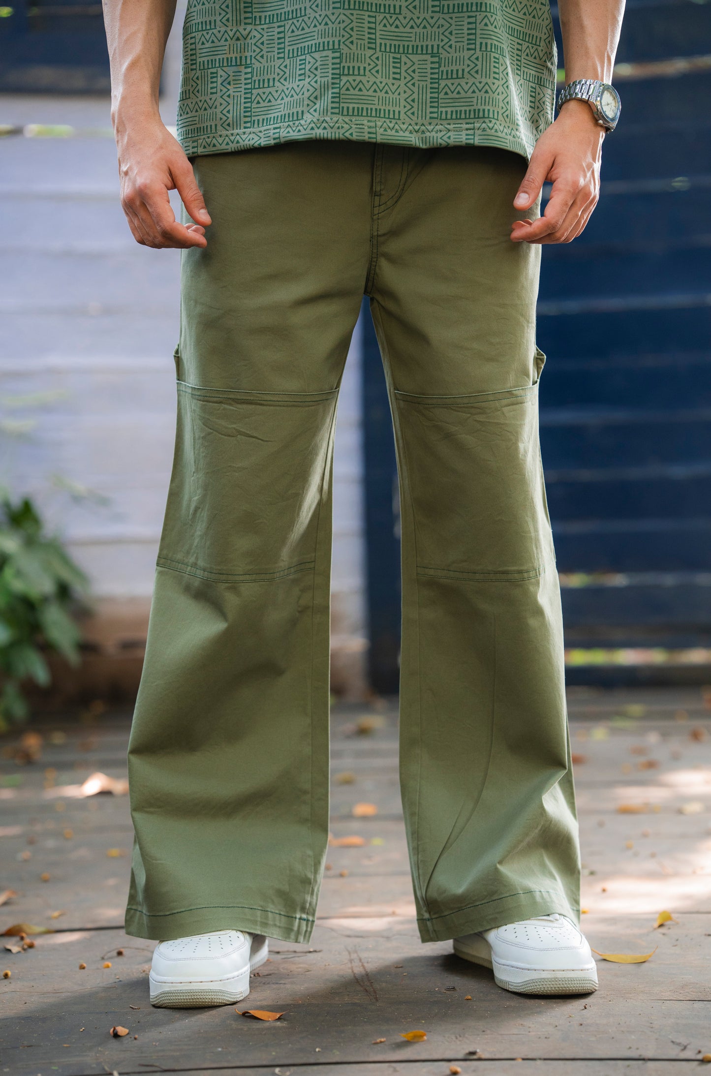 Green Twill Bellbottom Utility pants