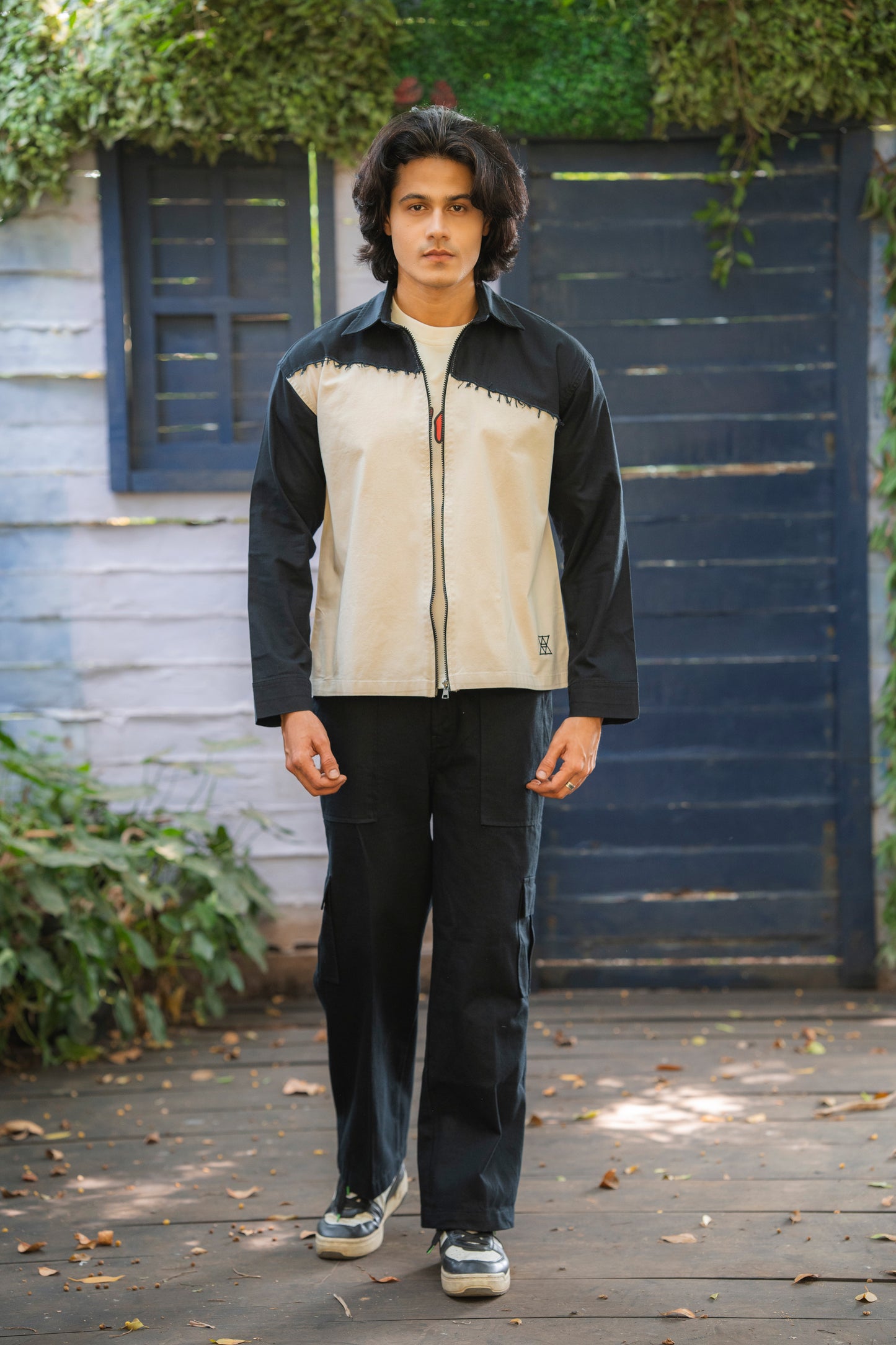White & Black Twill Zipper Shacket