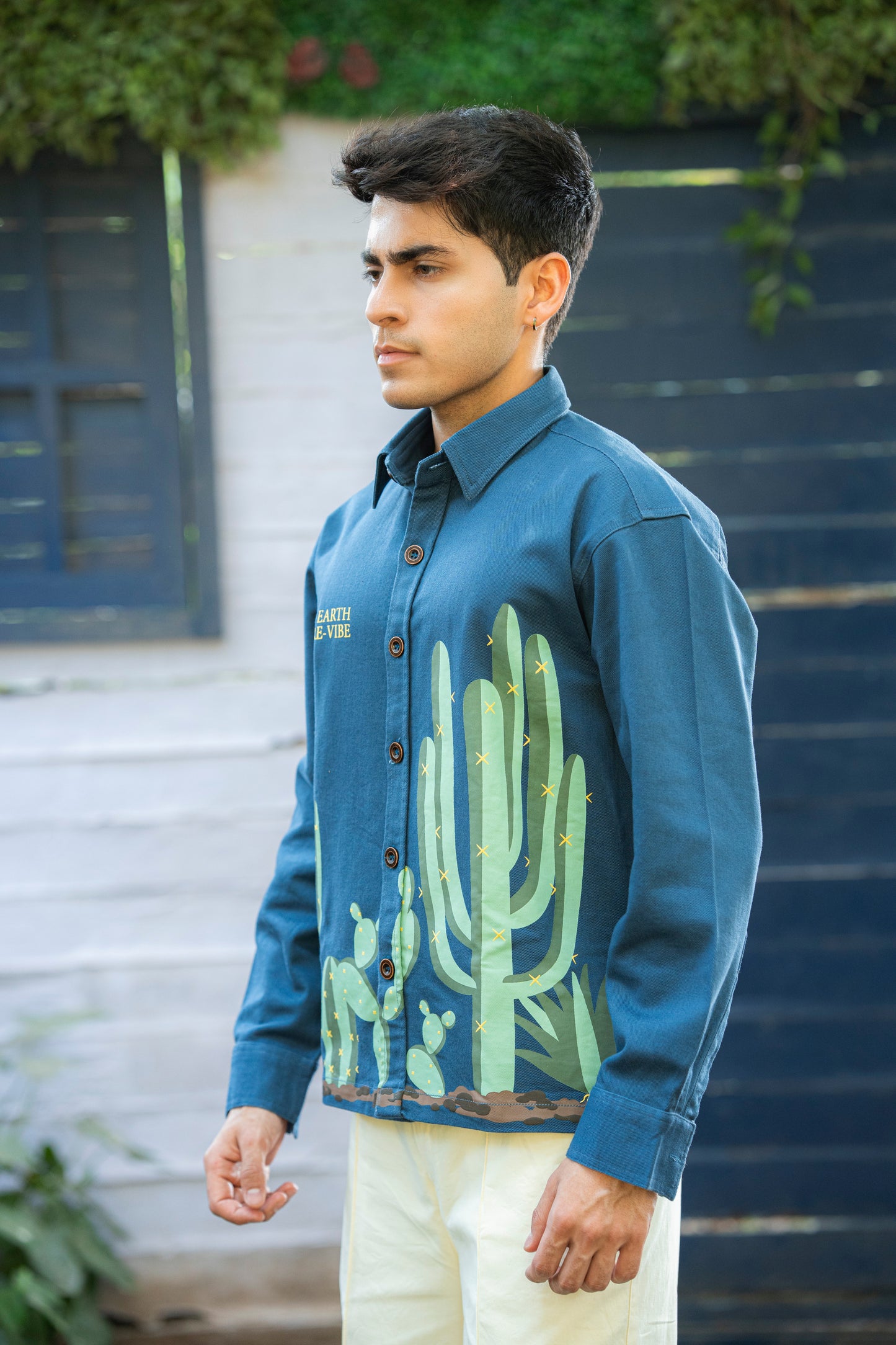 Aqua Blue Twill cactus Printed Shacket