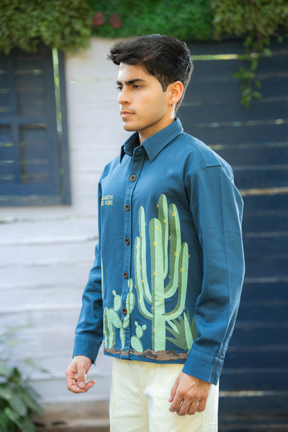 Aqua Blue Twill cactus Printed Shacket