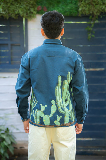 Aqua Blue Twill cactus Printed Shacket