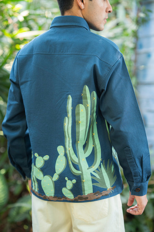 Aqua Blue Twill cactus Printed Shacket
