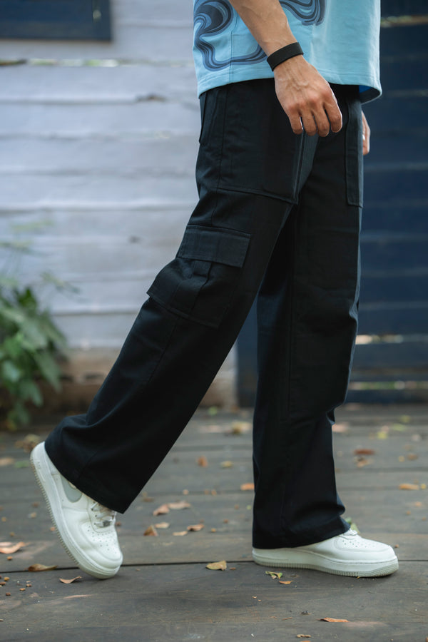 Black Twill Straight-Fit Cargo Pants