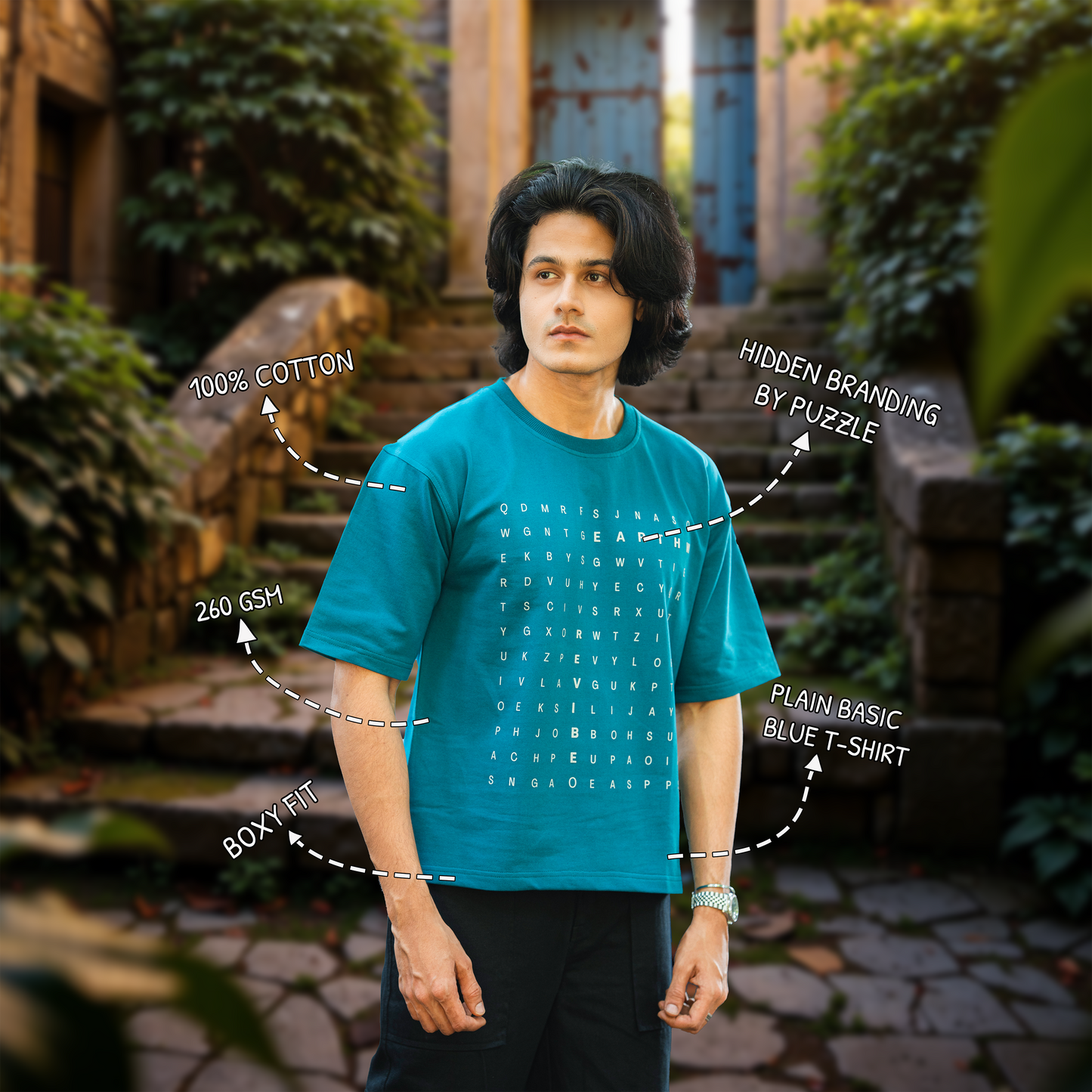 Plain Blue word hunt boxy Tee