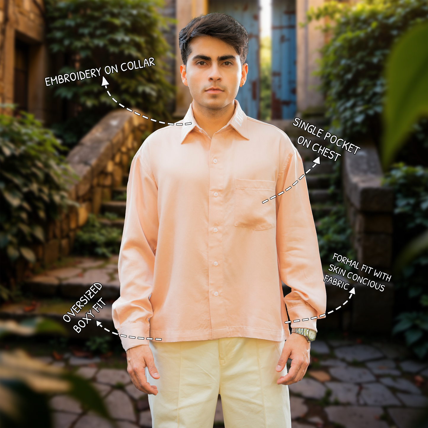 Skin-Conscious Embroidered Collar Boxy Shirt