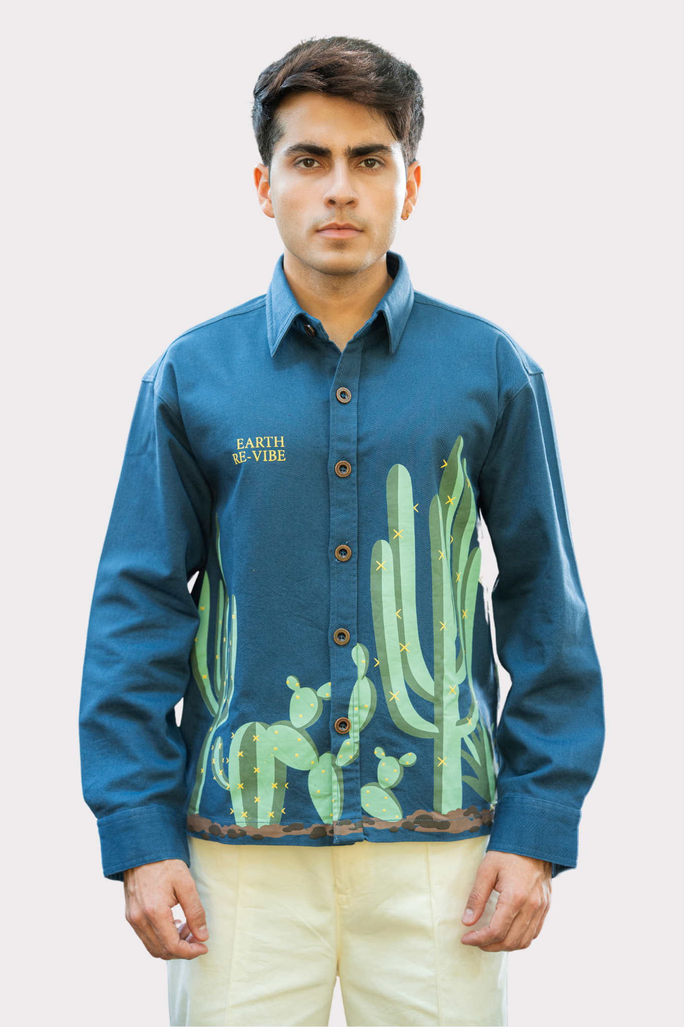 Aqua Blue Twill cactus Printed Shacket