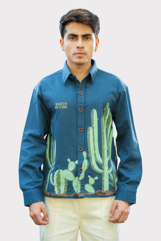 Aqua Blue Twill cactus Printed Shacket