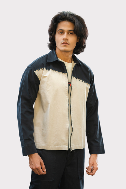 White & Black Twill Zipper Shacket