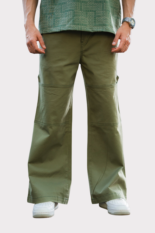 Green Twill Bellbottom Utility pants