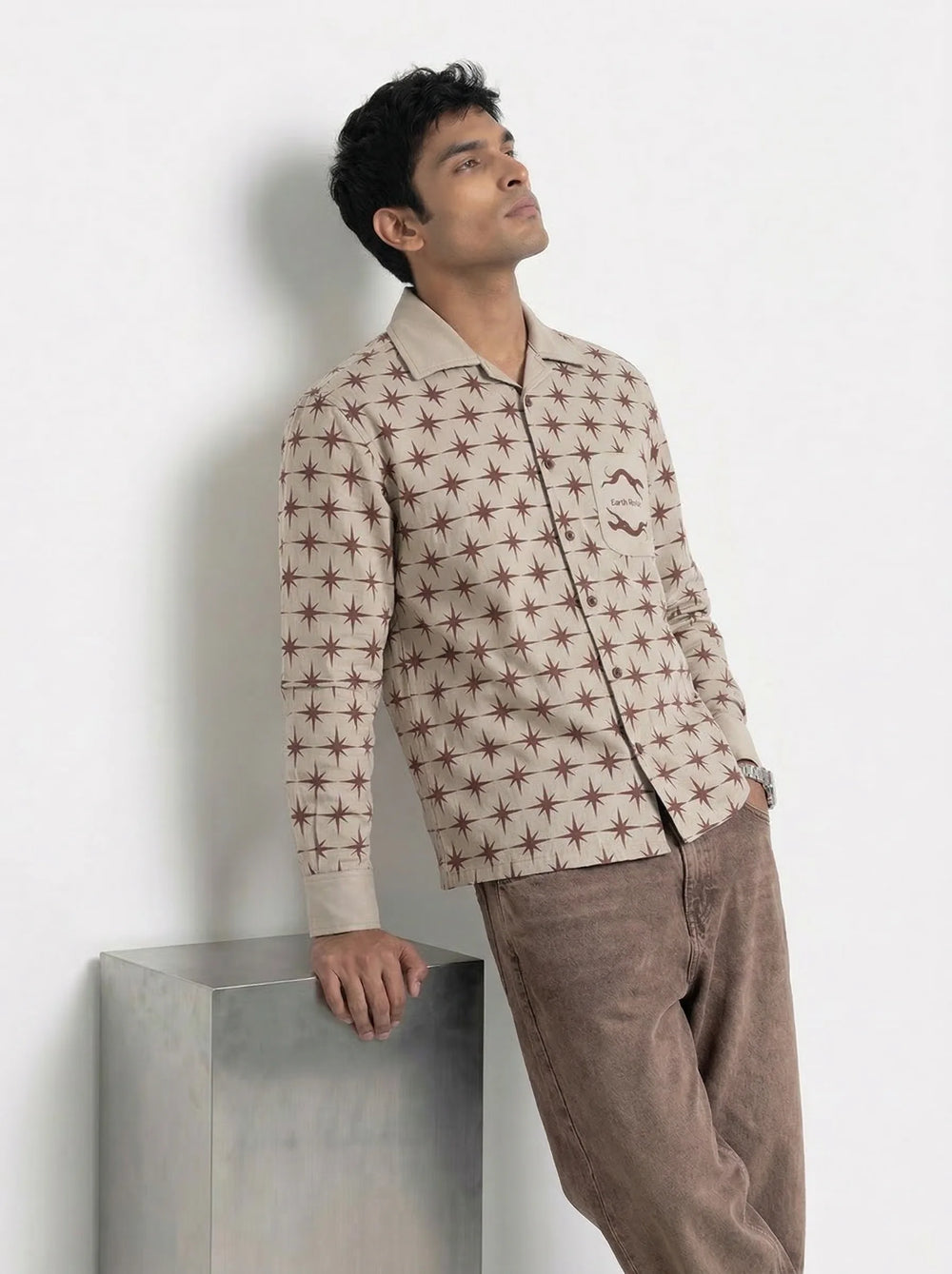 Cream Twill All-Over star Print boxy Shirt