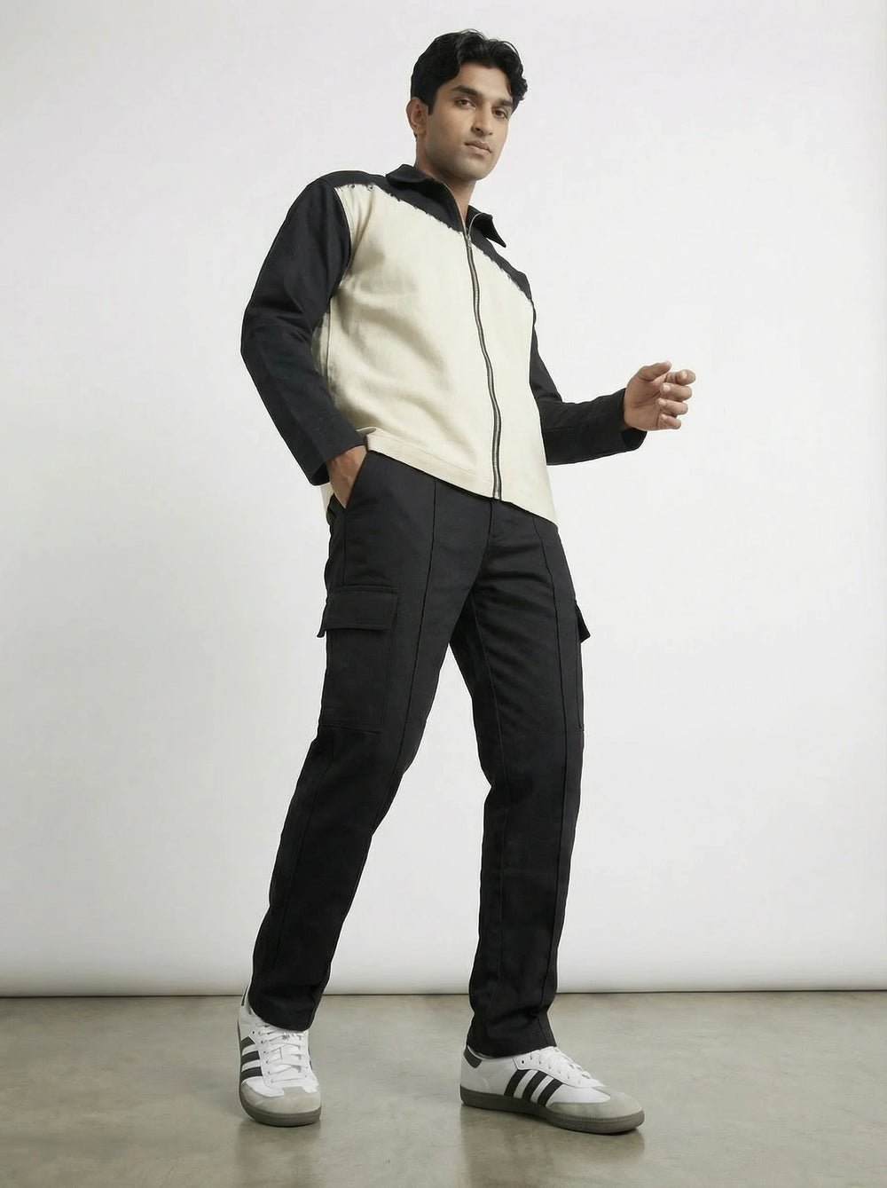 White & Black Twill Zipper Shacket