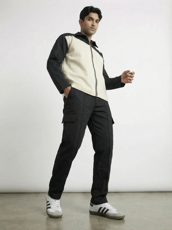White & Black Twill Zipper Shacket