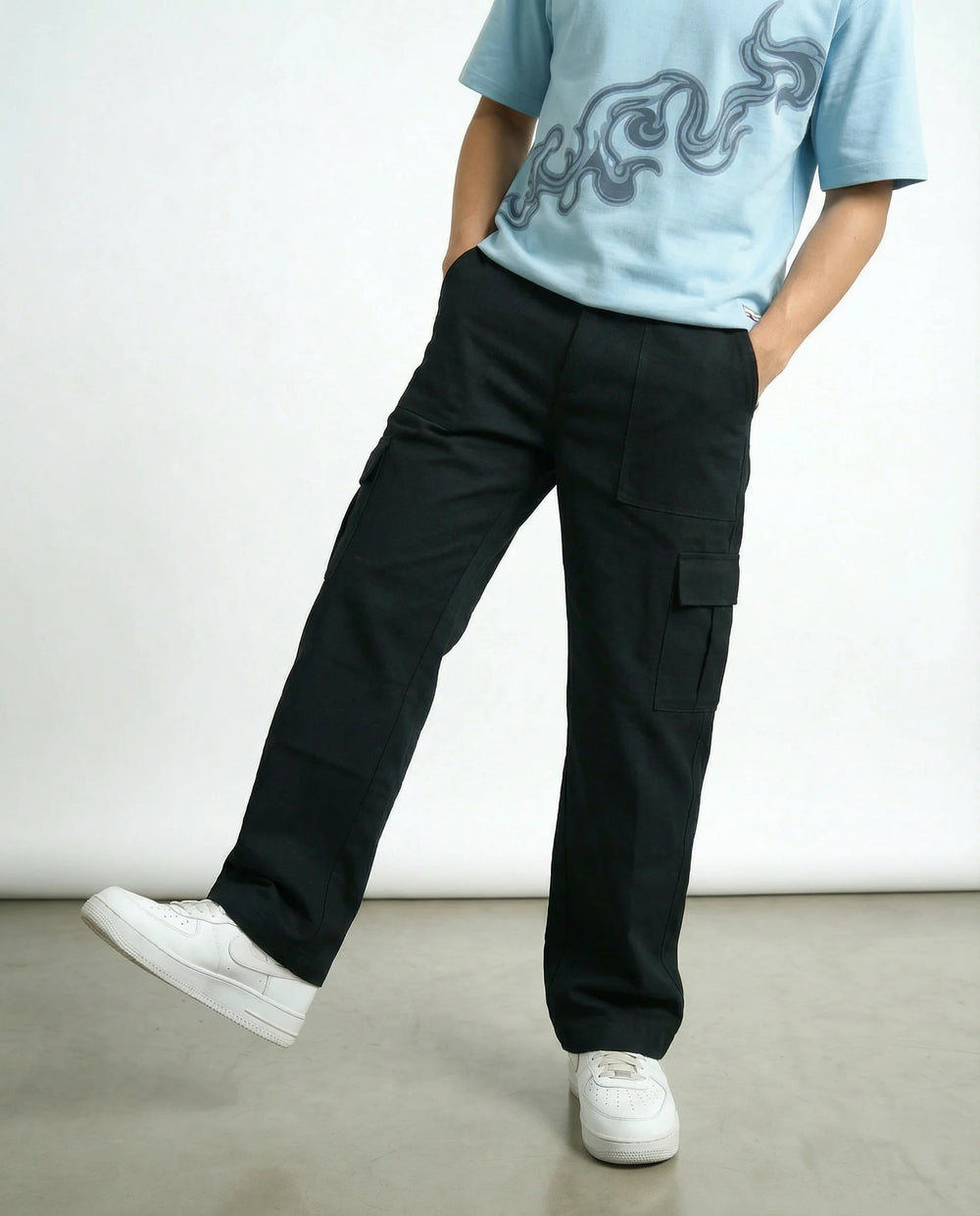 Black Twill Straight-Fit Cargo Pants