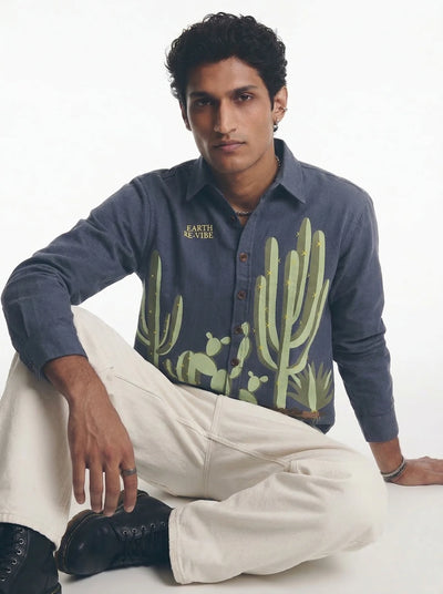 Aqua Blue Twill cactus Printed Shacket