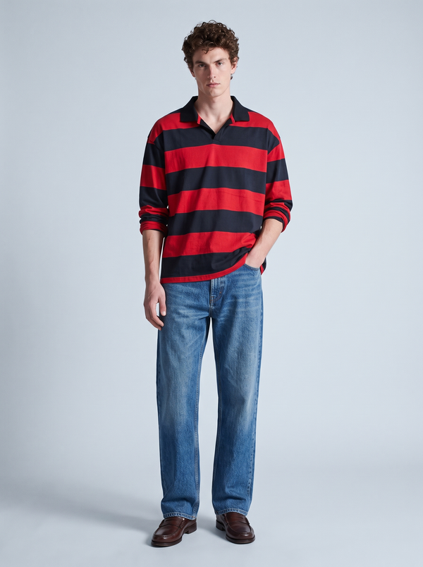 Red & Navy Block-Stripe Rugby Polo