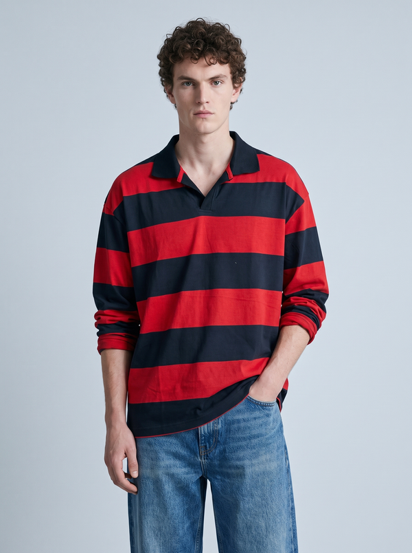 Red & Navy Block-Stripe Rugby Polo