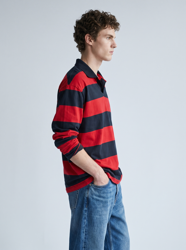 Red & Navy Block-Stripe Rugby Polo