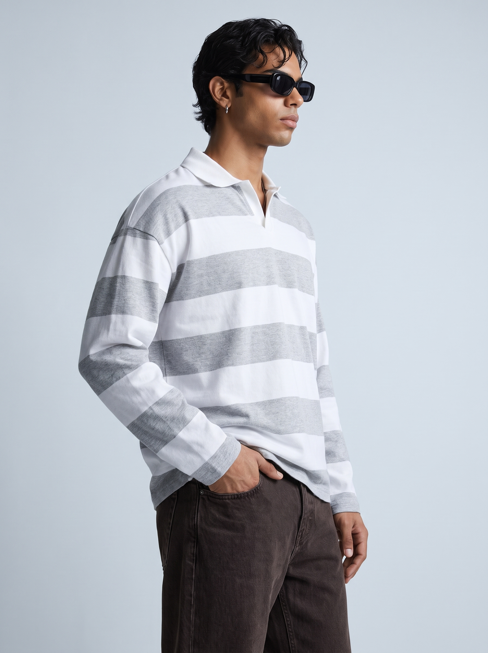 Grey Block-Stripe Rugby Polo