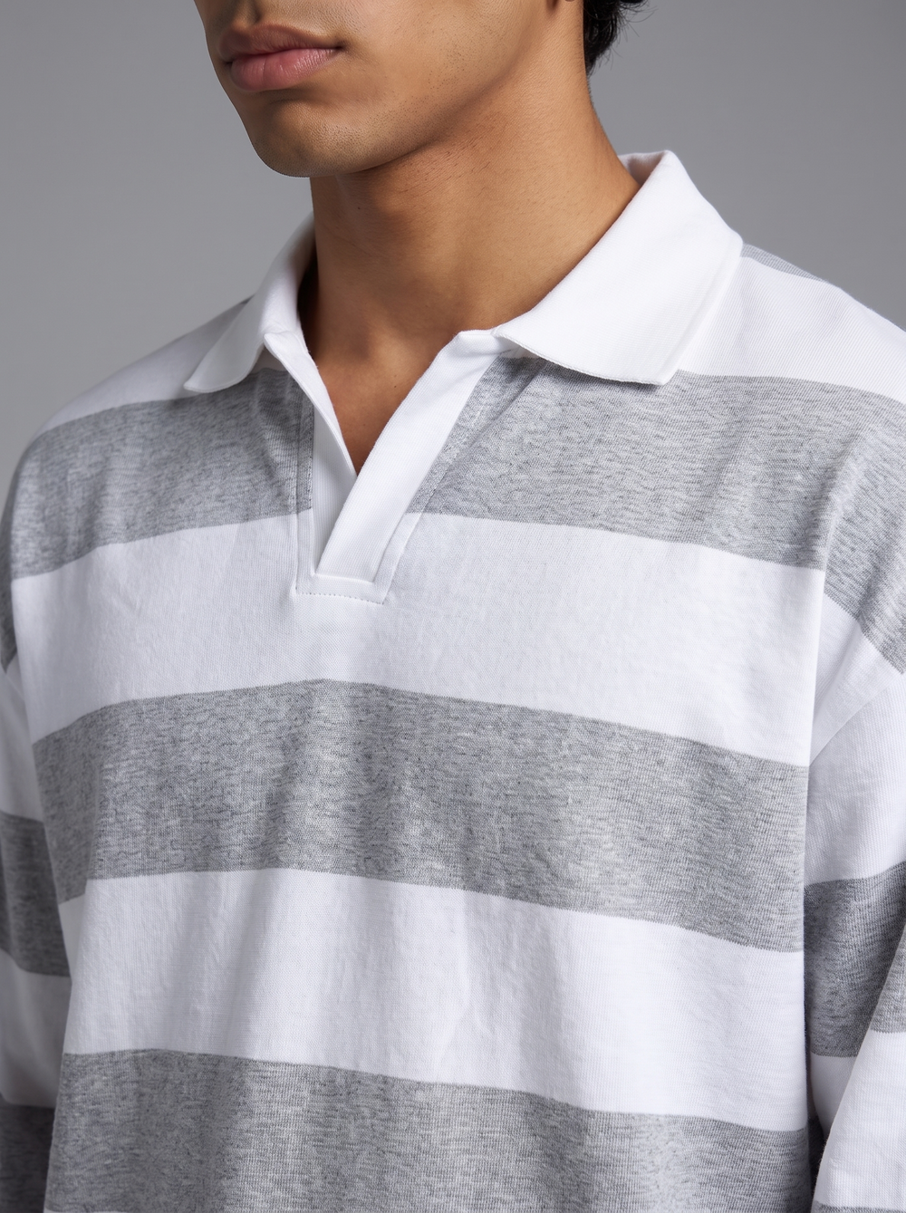 Grey Block-Stripe Rugby Polo
