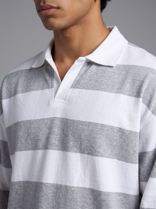 Grey Block-Stripe Rugby Polo