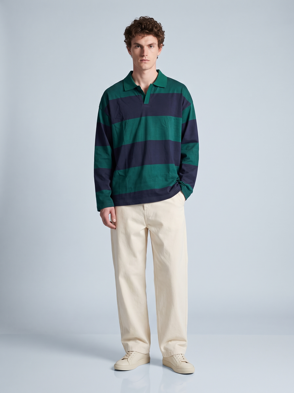 Green & Navy Block-Stripe Rugby Polo
