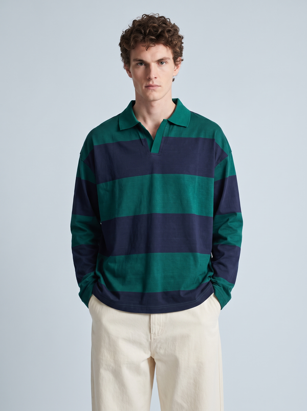 Green & Navy Block-Stripe Rugby Polo