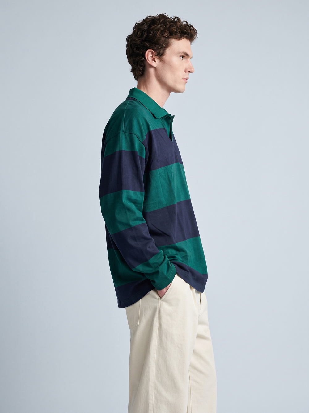 Green & Navy Block-Stripe Rugby Polo