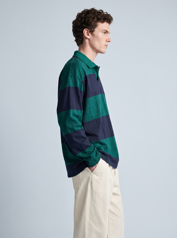 Green & Navy Block-Stripe Rugby Polo