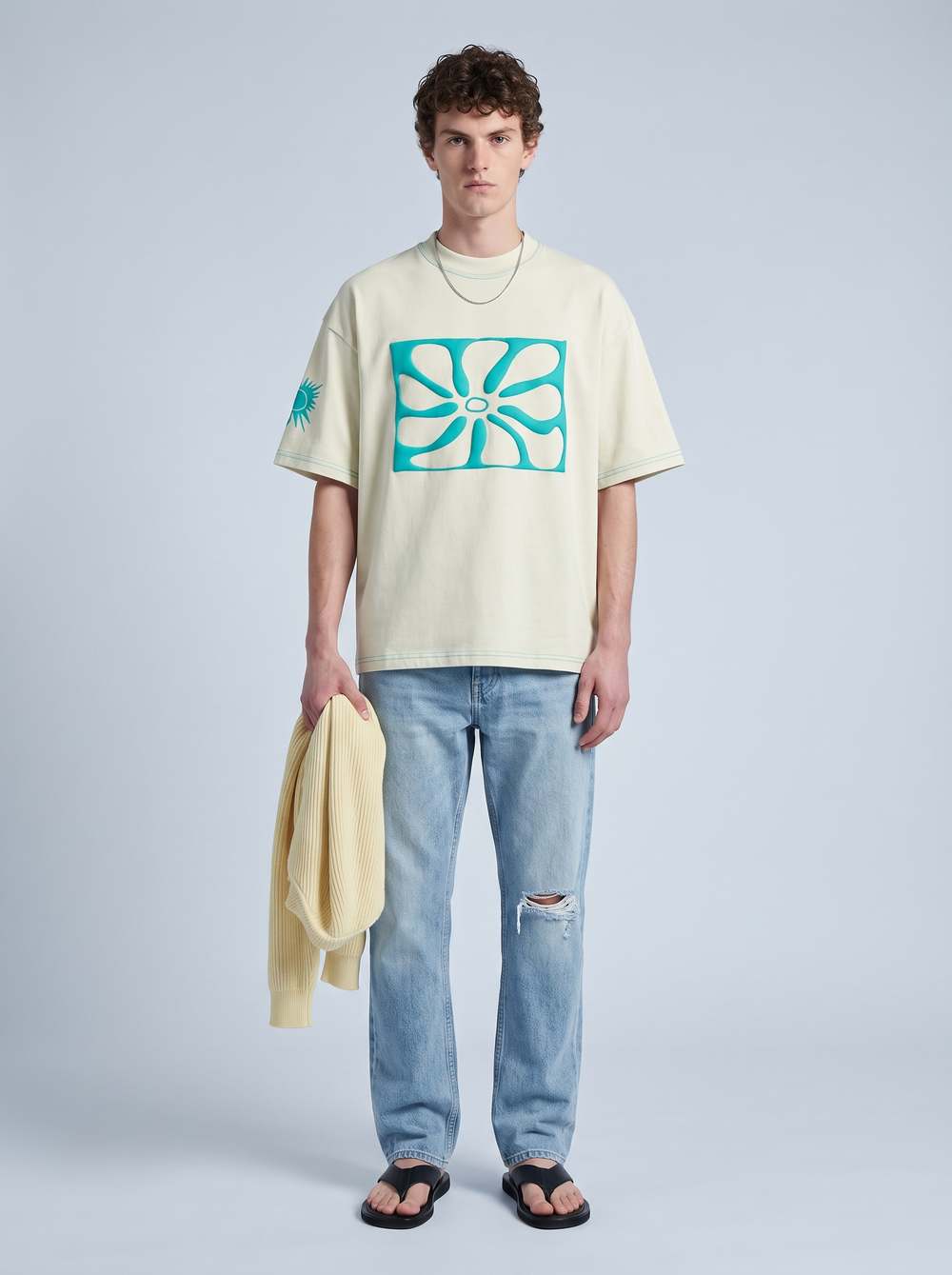 Grey Contrast Stitch Puff Print boxy Tee
